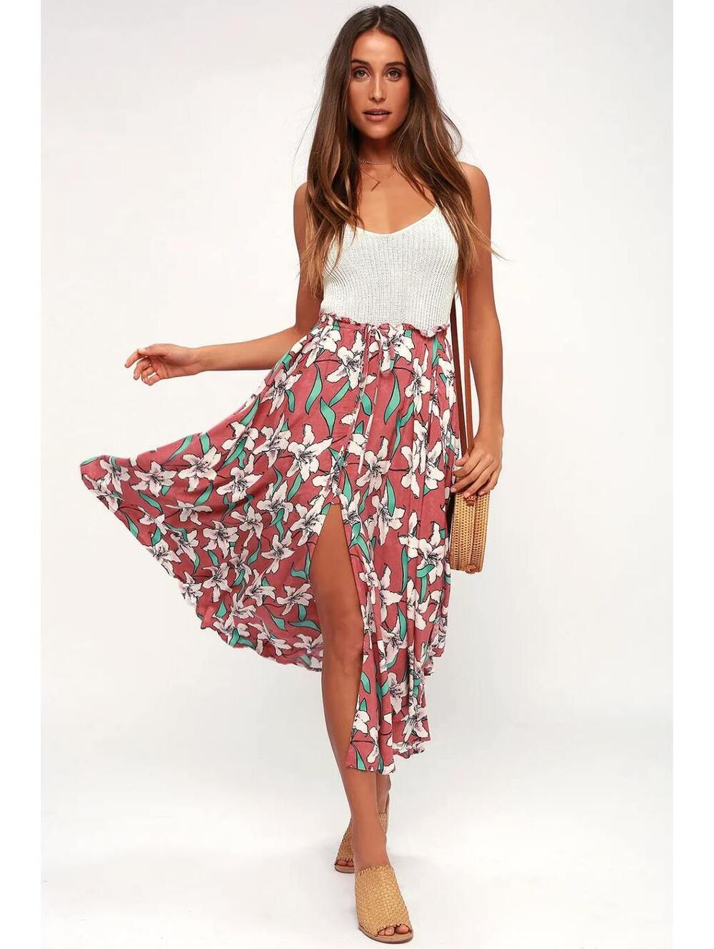 Women's Floral Print Midi Skirt with Front Slit